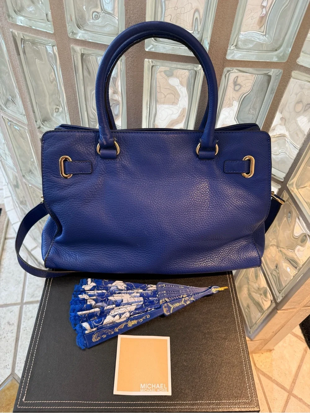 Michael Kors Cobalt Blue Large Hamilton Satchel, Crossbody Strap Gold Hardware.